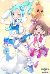 Rule 34 | 2girls, altaria, aqua eyes, aqua hair, aqua nails, arm at side, arm warmers, armpits, asymmetrical hair, asymmetrical legwear, bare shoulders, blue bow, blue eyes, blue footwear, blue ribbon, blue skirt, blue tank top, blush, boots, bow, brown hair, character name, child, clenched hand, clenched hands, collarbone, creatures (company), crop top, detached sleeves, diadem, earrings, embarrassed, eyelashes, female focus, finger to mouth, fingernails, flat chest, friends, full body, fur collar, fur trim, game freak, gen 3 pokemon, gen 6 pokemon, grey eyes, hair bow, hair ornament, hair ribbon, hand on own chest, hand over head, hand up, hands up, happy, heart, heart background, high heel boots, high heels, highres, himeno yuka, idol, jewelry, jumping, leg warmers, legs, lisia (pokemon), long fingernails, long hair, looking at viewer, may (pokemon), may (pokemon oras), medium hair, mega stone, midriff, miniskirt, multicolored clothes, multiple girls, nail polish, navel, neck, nervous smile, nintendo, no socks, nose blush, official alternate costume, one eye closed, open mouth, outstretched arm, outstretched arms, outstretched hand, pink bow, pink footwear, pink high heels, pink ribbon, pink tank top, pointing, pointing at viewer, pokemon, pokemon (creature), pokemon oras, ponytail, ribbon, salute, shirt, short-sleeved shirt, short ponytail, short shorts, short sleeves, shorts, shorts under skirt, showgirl skirt, side bangs, side tail, simple background, single thighhigh, size difference, skirt, sleeveless, sleeveless shirt, smile, sparkle, spread arms, standing, striped legwear, tank top, thighhighs, thighs, tiara, torchic, two-tone footwear, two-tone shirt, two-tone shorts, two-tone skirt, wink, wristband, yellow background, yellow shorts