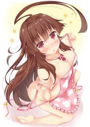 Rule 34 | 10s, 1girl, :o, ahoge, animal print, apron, arched back, ass, bare legs, barefoot, bear print, blunt bangs, blush, breasts, brown hair, butt crack, cleavage, frilled apron, frills, from above, heart-shaped lock, huge ahoge, jewelry, kantai collection, kneeling, ko yu, kuma (kancolle), large breasts, legs apart, long hair, looking at viewer, looking up, naked apron, necklace, necktie, on one knee, open mouth, red eyes, red necktie, short necktie, soles, solo, star (symbol), toes, undressing, very long hair