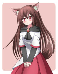 Rule 34 | 1girl, :/, animal ear fluff, animal ears, bad id, bad pixiv id, black shawl, blush, brooch, brown hair, commentary, dress, hair between eyes, hands on own thighs, head tilt, imaizumi kagerou, jewelry, layered dress, leaning forward, long hair, long sleeves, looking at viewer, pink background, red eyes, red skirt, rounded corners, shawl, shirt, shirt under dress, short sleeves, simple background, skirt, solo, tail, touhou, very long hair, white shirt, wolf ears, wolf tail, yogiri (dosumefd5)