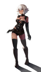 Rule 34 | 1girl, bad id, bad pixiv id, belko, black footwear, black gloves, black thighhighs, blush, boots, breasts, brown eyes, cleavage, cleavage cutout, closed mouth, clothing cutout, dark-skinned female, dark elf, dark skin, de-chan (belko), detached collar, elbow gloves, elf, full body, gloves, highres, knee boots, large breasts, md5 mismatch, original, pointy ears, shadow, short hair, short shorts, shorts, solo, standing, thighhighs, white hair