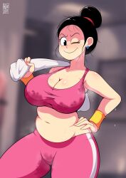 Rule 34 | 1girl, andro juniarto, armpits, belly, black hair, blurry, blurry background, blush, breasts, chi-chi (dragon ball), curvy, dragon ball, dragonball z, dripping, earrings, hair bun, hand on own hip, highres, holding, holding towel, jewelry, large breasts, messy hair, navel, one eye closed, pale skin, plump, shounen jump, signature, single hair bun, smile, solo, sports bra, sportswear, stained clothes, steam, steaming body, stomach, sweat, towel, towel on one shoulder, wet