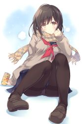 Rule 34 | 1girl, black footwear, black hair, blue background, blue skirt, can, coat, drink can, full body, hand up, itoichi., loafers, looking at viewer, original, panties, panties under pantyhose, pantyhose, plaid, plaid scarf, red neckwear, scarf, school uniform, serafuku, shoes, short hair, simple background, sitting, skirt, sleeves past wrists, soda can, solo, underwear, white background, yellow scarf