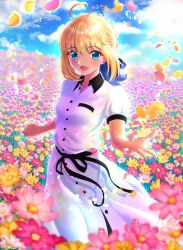 Rule 34 | 1girl, :d, ahoge, aqua eyes, artoria pendragon (all), artoria pendragon (fate), black ribbon, blonde hair, blue ribbon, blue sky, braid, braided bun, cloud, day, dress, fate/stay night, fate (series), field, flower, flower field, hair between eyes, hair bun, hair ribbon, highres, long dress, looking at viewer, official alternate costume, open mouth, outdoors, petals, pink flower, red flower, ria001, ribbon, saber (fate), short hair, short sleeves, sidelocks, sky, smile, solo, standing, white dress, yellow flower, yellow petals