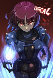 Rule 34 | 1girl, angry, blood, blood on face, blue fire, bodysuit, cropped legs, fire, flaming hand, gloves, glowing, glowing eyes, haysey, highres, multicolored clothes, niijima makoto, persona, persona 5, red background, serious, shoulder spikes, spikes, torn clothes, white gloves