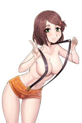 Rule 34 | breasts, brown hair, green eyes, highres, large breasts, looking at viewer, naked suspenders, nico-mo, revealing clothes, short hair, short shorts, shorts, smile, solo, suminoe ako, suspenders, v