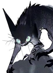 Rule 34 | animal focus, black claws, black fur, blue eyes, claws, colored sclera, creature, cropped, green sclera, grey fur, kamikiririp, looking at viewer, no humans, original, rock, solo, whiskers, white background