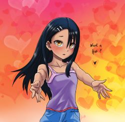 Rule 34 | 1girl, absurdres, asymmetrical bangs, black hair, blush, breasts, brown eyes, collarbone, commentary, cropped legs, dark-skinned female, dark skin, denim, denim shorts, earclip, english commentary, english text, hair ornament, hairclip, heart, heart background, highres, ijiranaide nagatoro-san, looking at viewer, luizhtx, nagatoro hayase, outstretched arms, purple tank top, shorts, signature, small breasts, tan, tank top