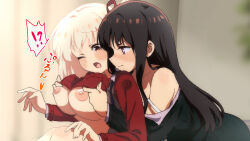 !? 2girls black_dress black_hair blonde_hair blurry blurry_background blush bra bra_lift breasts cleavage closed_mouth dress grabbing_another&#039;s_breast grabbing_from_behind groping highres inoue_takina large_breasts long_hair lycoris_recoil lycoris_uniform medium_hair multiple_girls nipples nishikigi_chisato one_eye_closed open_clothes open_dress or2_(sahr7857) paid_reward_available parted_lips purple_eyes red_bra red_dress red_eyes single_off_shoulder spoken_interrobang strap_slip translation_request underwear yuri