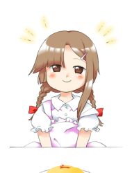 Rule 34 | 1girl, apron, blush, braid, brown eyes, brown hair, closed mouth, food, hair ornament, hair ribbon, hairclip, ketchup, long hair, looking at viewer, nonamejd, official style, omelet, pink apron, plate, puffy short sleeves, puffy sleeves, red ribbon, ribbon, rika (touhou), short sleeves, simple background, smile, solo, touhou, touhou (pc-98), twin braids, white background, zun (style)