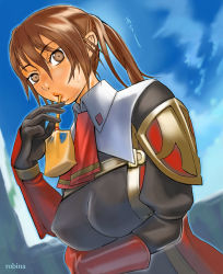 Rule 34 | 00s, 1girl, breast rest, breasts, brown eyes, brown hair, covered erect nipples, female focus, final fantasy, final fantasy xi, gloves, hume, juice, large breasts, long hair, ponytail, red mage (final fantasy), robina, sky, solo, sweatdrop