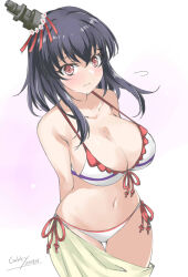 Rule 34 | 1girl, bikini, black hair, blush, breasts, collarbone, embarrassed, gakky, gradient background, hair ornament, headgear, highres, kantai collection, large breasts, looking at viewer, navel, pink background, red eyes, sarong, short hair, solo, sweatdrop, swimsuit, white bikini, yamashiro (kancolle)