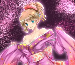 Rule 34 | 1girl, bare shoulders, blue eyes, breasts, brown hair, cleavage, closed mouth, collarbone, creatures (company), earrings, game freak, hair ornament, japanese clothes, jewelry, kimono, large breasts, long hair, looking at viewer, nintendo, pokemon, pokemon xy, serena (pokemon), smile, solo, takecha