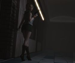 Rule 34 | 1girl, 3d, absurdres, artist request, ass, breasts, full body, gun, handgun, heather mason, highres, holding, holding weapon, jacket, lips, looking at viewer, looking back, medium breasts, short hair, silent hill, silent hill (series), silent hill 3, skirt, sleeveless, sleeveless turtleneck, solo, turtleneck, vest, weapon, wristband
