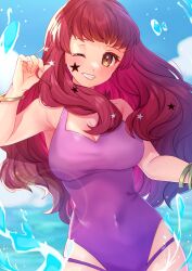 Rule 34 | 1girl, alternate costume, bracelet, breasts, cleavage, edamameoka, facial mark, fire emblem, fire emblem engage, hair ornament, highres, jewelry, large breasts, long hair, nintendo, one-piece swimsuit, one eye closed, pink one-piece swimsuit, red eyes, red hair, smile, solo, star (symbol), star facial mark, star hair ornament, swimsuit, yunaka (fire emblem)