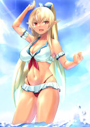 Rule 34 | 1girl, :d, arm up, bare shoulders, bikini, blonde hair, blurry, bokeh, bow, breasts, cleavage, cloud, collarbone, commentary, cowboy shot, dark-skinned female, dark skin, depth of field, dot nose, frilled skirt, frills, hair bow, high ponytail, highres, hololive, large breasts, legs apart, long hair, looking away, miniskirt, navel, ocean, open mouth, outdoors, outstretched arm, pointy ears, red bikini, red eyes, shiranui flare, skirt, sky, smile, solo, string bikini, swimsuit, tan, v2 (pixiv 84041087), virtual youtuber