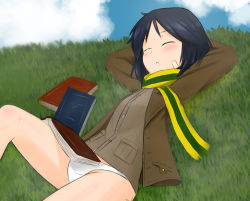Rule 34 | 1girl, black hair, blush, bomber jacket, book, brave witches, breasts, cameltoe, closed eyes, highres, jacket, kanno naoe, kukoroko, lying, on back, outdoors, panties, scarf, shiny skin, short hair, sky, sleeping, small breasts, solo, underwear, white panties, world witches series