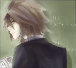 Rule 34 | 00s, 1boy, brown eyes, brown hair, chalkboard, gradient background, kratos aurion, lowres, male focus, math, short hair, solo, tales of (series), tales of symphonia