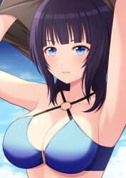 Rule 34 | 1girl, arms up, asaka karin, bare arms, bare shoulders, bikini, blue bikini, blue eyes, blue sky, blunt bangs, breasts, brown shirt, cleavage, clothes lift, cloud, collarbone, commentary request, criss-cross halter, day, halterneck, highres, ichiban577, large breasts, lifted by self, light blush, looking at viewer, love live!, love live! nijigasaki high school idol club, medium hair, o-ring, o-ring bikini, o-ring top, outdoors, parted bangs, purple hair, shirt, shirt lift, sky, solo, swimsuit, undressing, upper body