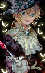 Rule 34 | 1boy, absurdres, ascot, belt, blonde hair, blue eyes, earrings, floral print, food, fruit, grapes, hair between eyes, hat, highres, holding, holding sword, holding weapon, jewelry, looking at viewer, magi the labyrinth of magic, mole, mole under eye, open mouth, patterned clothing, patterned hair, single earring, solo, sword, titus alexius, weapon, witch hat, yadu nadu