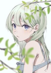 Rule 34 | 1girl, absurdres, bare shoulders, blurry, blurry foreground, blush, bra, branch, frilled bra, frills, green hair, highres, ktym 777, leaf, light green hair, long hair, looking at viewer, lower teeth only, open mouth, original, purple eyes, simple background, sketch, solo, teeth, tongue, underwear, upper body, white background
