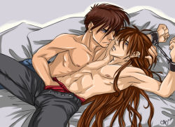 Rule 34 | 1990s (style), 2boys, abs, bdsm, bed sheet, blue eyes, bondage, bound, bound wrists, brown hair, clenched hands, dated, duo maxwell, earrings, eye contact, groping, gundam, gundam wing, hand in pants, handjob, heero yuy, jewelry, long hair, looking at another, male focus, multiple boys, muscular, nipples, pants, penis, topless male, spread legs, underwear, undressing, unzipped, yaoi
