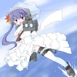 Rule 34 | &gt;:d, 10s, 1girl, :d, aiming, aiming at viewer, akebono (kancolle), angry, bell, black thighhighs, blush, dress, flower, haidora (haidorafdry), hair bell, hair flower, hair ornament, jingle bell, kantai collection, looking at viewer, open mouth, panties, purple hair, see-through, side ponytail, smile, smoke, solo, splashing, teeth, thighhighs, underwear, v-shaped eyebrows, veil, water, wedding dress, white dress, white panties