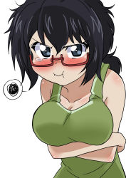 Rule 34 | 1girl, :t, absurdres, black eyes, black hair, blush, breast hold, breasts, closed mouth, commentary, crossed arms, frown, girls und panzer, glasses, green shirt, highres, looking at viewer, medium hair, messy hair, ooarai military uniform, oryou (girls und panzer), red-framed eyewear, semi-rimless eyewear, shirt, short ponytail, simple background, solo, spoken squiggle, squiggle, tank top, tearing up, under-rim eyewear, upper body, wakku kan, white background
