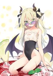 Rule 34 | 1girl, :d, bare arms, bare shoulders, black leotard, black wings, blonde hair, cleavage cutout, clothing cutout, collarbone, commentary request, covered navel, dragon girl, dragon horns, dragon tail, dragon wings, drink, eyes visible through hair, eyewear pull, green eyes, hair between eyes, highres, horns, indie virtual youtuber, korean commentary, kutata, leotard, long hair, looking at viewer, low wings, mini person, minigirl, nivr (vtuber), one side up, open mouth, purple-tinted eyewear, sitting, smile, solo, tail, tinted eyewear, very long hair, virtual youtuber, wings, yellow-framed eyewear