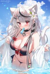 1girl ahoge animal_ears ayamy bikini black_bikini braid breasts cat_ears cat_tail ear_piercing flower food food_in_mouth grey_hair hair_flower hair_ornament heart_collar highres hololive large_breasts long_hair navel ocean piercing pink_nails popsicle popsicle_in_mouth red_eyes sakamata_chloe side_braid swimsuit tail very_long_hair virtual_youtuber wading