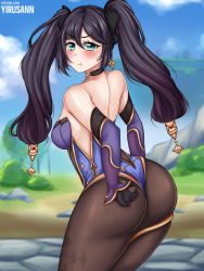 Rule 34 | 1girl, annoyed, ass, bare shoulders, blush, breasts, detached sleeves, elbow gloves, embarrassed, from behind, genshin impact, gloves, green eyes, hair ornament, hair ribbon, highres, huge ass, kneeling, leotard, long hair, looking at viewer, mona (genshin impact), pantyhose, purple hair, ribbon, shiny clothes, shiny skin, sideboob, solo, thick thighs, thighlet, thighs, twintails, very long hair, yirusann