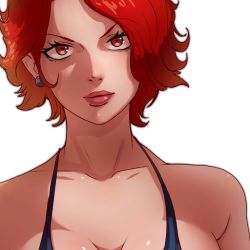 Rule 34 | 1girl, alternate costume, alternate hairstyle, black shirt, breasts, darji, makeup, mature female, red eyes, red hair, red lips, serious, shirt, short hair, snk, solo, the king of fighters, the king of fighters xv, vanessa (kof)