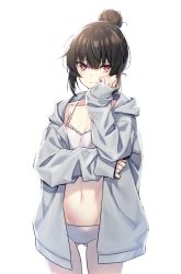Rule 34 | 1girl, absurdres, black hair, bra, breasts, cleavage, counter:side, cowboy shot, gluteal fold, grey jacket, hair bun, hand up, highres, hood, hood down, hooded jacket, jacket, long hair, long sleeves, looking at viewer, navel, open clothes, open jacket, panties, pantyhose, red eyes, simple background, single hair bun, small breasts, smile, solo, standing, stomach, string bra, supernew, underwear, white background, white bra, white panties, white pantyhose, xiao lin (counter:side)