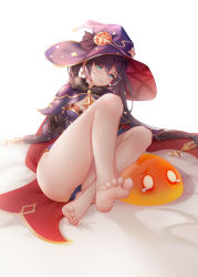 Rule 34 | 1girl, absurdres, barefoot, bed sheet, black hair, cape, closed mouth, commentary request, earrings, feet, foot focus, foreshortening, full body, fur trim, genshin impact, green eyes, hat, highres, jewelry, leotard, lips, liu liaoliao, long hair, looking at viewer, mona (genshin impact), monster, shiny skin, sitting, slime, soles, tears, thighs, toes, twintails, witch hat