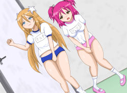 Rule 34 | 2girls, between legs, black ribbon, blonde hair, blue buruma, blue eyes, blush, breasts, buruma, character name, cheria barnes, clothes writing, door, dutch angle, embarrassed, female focus, flat chest, flower, full body, gym uniform, hair flower, hair ornament, hair ribbon, hand between legs, hand up, have to pee, highres, indoors, japanese text, knees together feet apart, knocking, long hair, marta lualdi, medium breasts, multiple girls, nose blush, open mouth, own hands together, pigeon-toed, pink buruma, pink footwear, ribbon, shiny skin, shirt, shoes, short hair, short sleeves, short twintails, socks, standing, tales of (series), tales of graces, tears, tetsu kurosu, translated, twintails, uniform, v arms, wavy mouth, white flower, white legwear, white shirt, yellow eyes