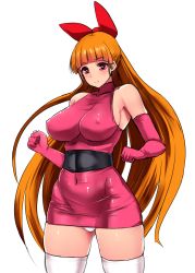 Rule 34 | 1girl, aged up, bare shoulders, blossom (ppg), blush, bow, breasts, covered erect nipples, covered navel, curvy, detached sleeves, elbow gloves, female focus, gloves, hair bow, ishimiso (ishimura), large breasts, long hair, looking at viewer, microskirt, orange hair, panties, pantyshot, pencil skirt, pink eyes, pink gloves, powerpuff girls, red eyes, sideboob, simple background, skin tight, skirt, smile, solo, standing, thick thighs, thighhighs, thighs, twintails, underwear, white thighhighs, wide hips