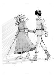 Rule 34 | 1boy, 1girl, blind, blindfold, boots, breasts, cane, clenched hand, commentary request, dress, edoosam, facing another, full body, greyscale, highres, holding hands, long sleeves, monochrome, monster girl, original, pants, simple background, snake, snake hair, speech bubble, walking, cane, white background, white cane
