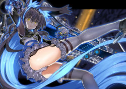 Rule 34 | 1girl, :o, animal ear fluff, animal ears, arm up, ass, black footwear, black hair, blue hair, blue theme, char, dress, floating, floating hair, garter straps, gauntlets, gloves, glowing, grey dress, grey gloves, grey panties, grey thighhighs, highres, holding, huge weapon, legs, long hair, long sleeves, looking at viewer, microdress, multicolored hair, open mouth, original, panties, shoes, solo, sword, thighhighs, two-tone hair, underwear, upskirt, very long hair, weapon