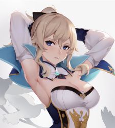 Rule 34 | 1girl, absurdres, adjusting hair, armpits, arms up, bare shoulders, bird, blonde hair, blush, bow, breasts, capelet, cleavage, commentary request, detached sleeves, dove, genshin impact, hair bow, highres, jean (genshin impact), crossed legs, long sleeves, medium breasts, pants, parted lips, partial commentary, ponytail, sixteen minus seven, solo, strapless, upper body, white legwear
