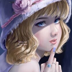 Rule 34 | 1girl, artist name, bare shoulders, blonde hair, blush, finger to own chin, flower, hat, hat flower, highres, index finger raised, jewelry, looking at viewer, medium hair, nail polish, one piece, open mouth, pink flower, ring, solo, stupidtako, stussy (one piece), teeth