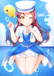 Rule 34 | 1girl, ;p, airborne, blue dress, blush, commentary, curled fingers, dress, earrings, feet up, finger to mouth, horizon, jacket, jewelry, kurose yuuki, long hair, looking at viewer, love live!, love live! sunshine!!, ocean, one eye closed, open clothes, open jacket, raised eyebrows, red hair, sakurauchi riko, short sleeves, shorts, showgirl skirt, shrug (clothing), single bang, smile smile ship start, solo, stud earrings, tongue, tongue out, tsurime, water drop, whale, white footwear, white headwear, white jacket, white shorts, wing collar, yellow eyes