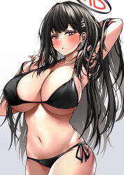 Rule 34 | 1girl, adjusting hair, arm up, bikini, black bikini, black hair, blue archive, blush, breasts, bright pupils, cleavage, collarbone, cowboy shot, halo, highres, huge breasts, long hair, looking at viewer, navel, parted lips, red eyes, rio (blue archive), side-tie bikini bottom, simple background, solo, swimsuit, trista (makkoivenus), very long hair, white background