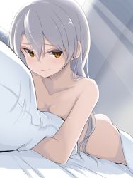 Rule 34 | 1girl, absurdres, amatsukaze (kancolle), breasts, brown eyes, closed mouth, collarbone, commentary request, grey hair, hair between eyes, hair down, highres, kantai collection, long hair, looking at viewer, lying, medium breasts, myht, nude, on stomach, pillow, smile, solo