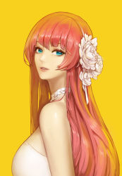 Rule 34 | 1girl, absurdres, bare shoulders, blue eyes, breasts, choker, commentary, dress, flower, hair flower, hair ornament, highres, knight (dungeon and fighter), large breasts, long hair, looking at viewer, looking to the side, monaim, parted lips, pink lips, red hair, rose, simple background, smile, solo, white choker, white dress, white flower, white rose, yellow background