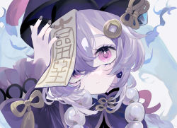 Rule 34 | 1girl, adjusting clothes, adjusting headwear, arm up, artist name, black nails, blush, bow, close-up, coin hair ornament, earrings, expressionless, frilled sleeves, frills, genshin impact, hair ornament, hand up, hat, jewelry, jiangshi, long hair, looking at viewer, nail polish, ofuda, portrait, purple eyes, purple hair, qingdai guanmao, qiqi (genshin impact), red bow, sakurato remi, solo, tassel, twitter username, yellow bow