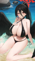 Rule 34 | 1girl, absurdres, bare shoulders, bexercube, bikini, black bikini, black choker, black feathers, black hair, black wings, blue archive, breasts, choker, cleavage, closed mouth, collarbone, feathered wings, feathers, halo, hasumi (blue archive), high ponytail, highres, huge breasts, low wings, mole, mole under eye, navel, red eyes, rock, sitting, solo, stomach, swimsuit, wariza, water, wings