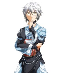 Rule 34 | 1boy, choker, glasses, kakao (noise-111), long sleeves, male focus, morichika rinnosuke, pouch, puffy sleeves, short hair, silver hair, solo, touhou, white background, wide sleeves, yellow eyes