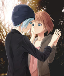 Rule 34 | 1girl, 2girls, beanie, black jacket, blue eyes, blue hair, brown hair, brown hoodie, chloe price, collarbone, commentary request, day, from behind, hand on another&#039;s cheek, hand on another&#039;s face, hat, holding hands, hood, hoodie, jacket, kotomiracle, life is strange, looking at another, max caulfield, multiple girls, outdoors, parted lips, pink shirt, shirt, short hair, tree, yuri