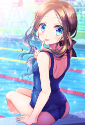 Rule 34 | 1girl, ass, back, bare shoulders, black bow, blue eyes, blue one-piece swimsuit, blush, bow, breasts, brown hair, fate/grand order, fate (series), forehead, hair bow, highres, leonardo da vinci (fate), leonardo da vinci (fate/grand order), leonardo da vinci (rider) (fate), long hair, looking at viewer, looking back, one-piece swimsuit, parted bangs, ponytail, pool, poolside, sakura tsubame, small breasts, smile, solo, swimsuit, thighs, tongue, tongue out, water