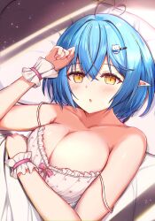 Rule 34 | 1girl, ahoge, bare shoulders, bedroom, blue hair, blush, bob cut, breasts, camisole, character hair ornament, cleavage, crossed bangs, daifuku (yukihana lamy), double-parted bangs, frilled camisole, frills, hair between eyes, hair ornament, hairclip, heart, heart ahoge, highres, hololive, indoors, large breasts, light particles, looking at viewer, lying, messy hair, official alternate costume, official alternate hair length, official alternate hairstyle, on back, on bed, open mouth, pajamas, pointy ears, polka dot camisole, sabamiso (tomomon021831), short hair, sleepwear, solo, spaghetti strap, strap slip, sunlight, virtual youtuber, white camisole, yukihana lamy, yukihana lamy (loungewear)