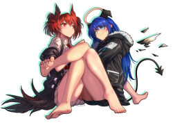 Rule 34 | 2girls, arknights, barefoot, black nails, blue hair, demon girl, demon horns, demon tail, feet, fiammetta (arknights), halo, highres, holding another&#039;s legs, holding legs, horns, looking at another, mostima (arknights), multiple girls, nail polish, red hair, silhouette, skirt, soles, tail, thighs, toenail polish, toenails, toes, white background, white skirt, yamauchi (conan-comy), yuri